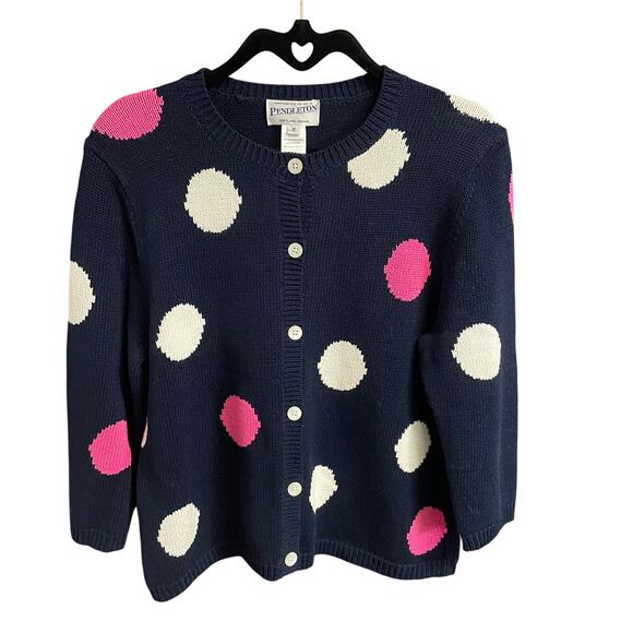 Pendleton Navy Pink White Polka Dot Button Front Cardigan Sweater Womens Medium - Picture 1 of 4